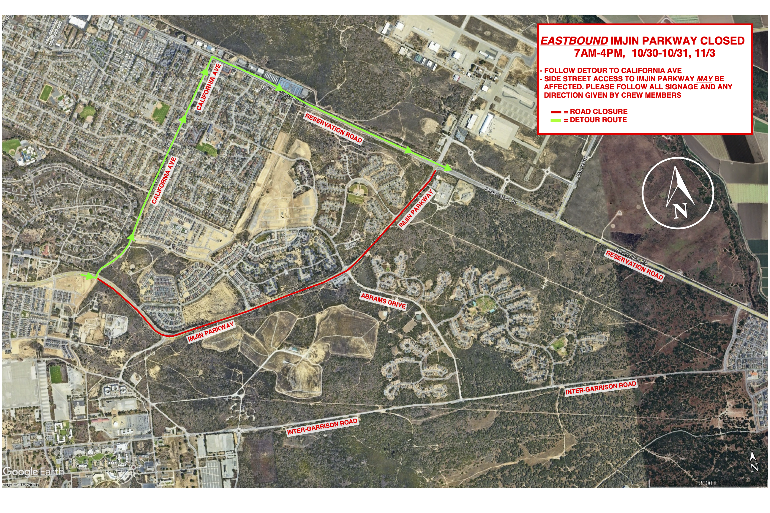 Map of Eastbound Imjin Parkway Closure and Detours